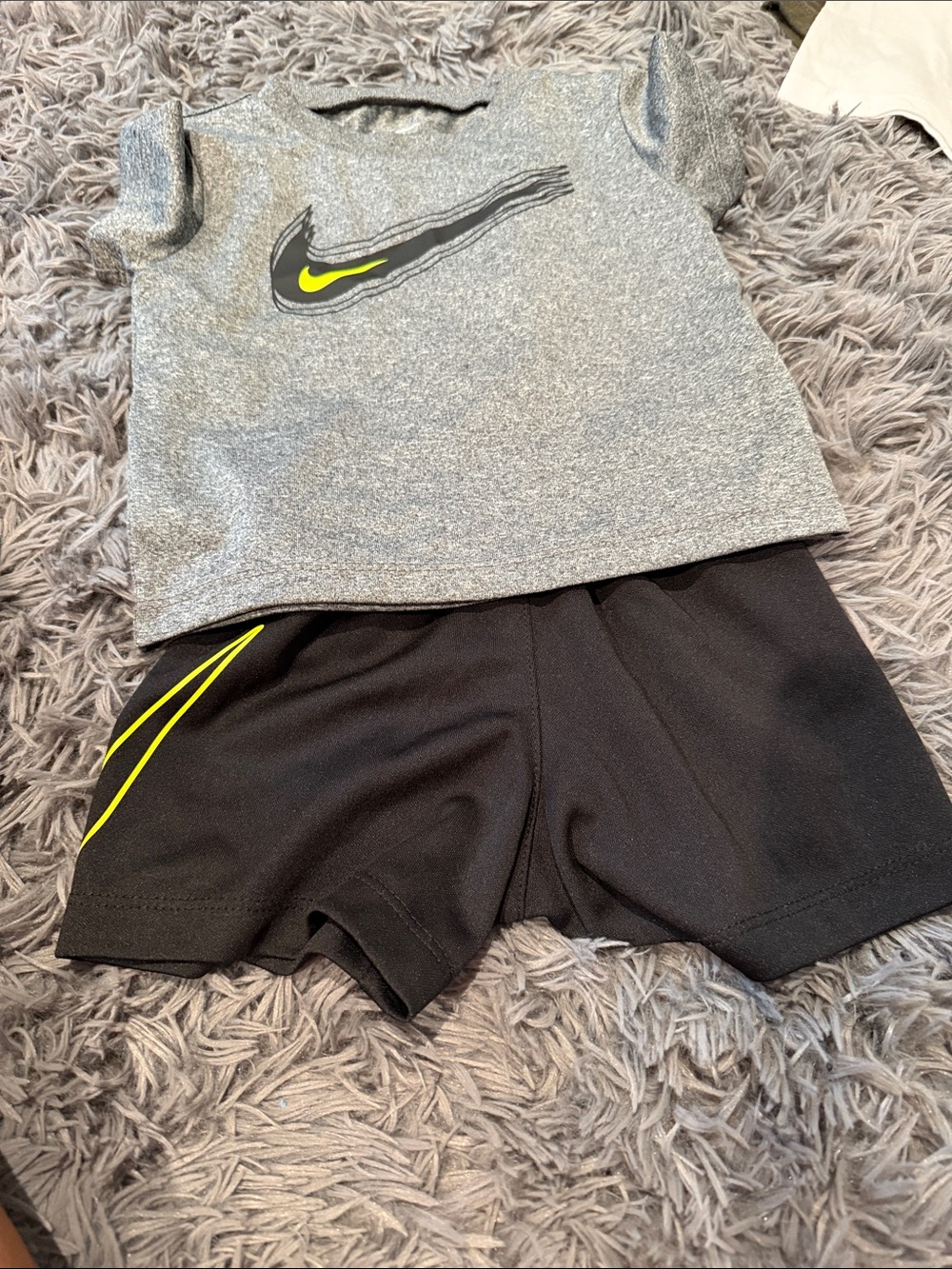 Nike Grey Heather Top & Black Shorts with Neon Yellow Swoosh